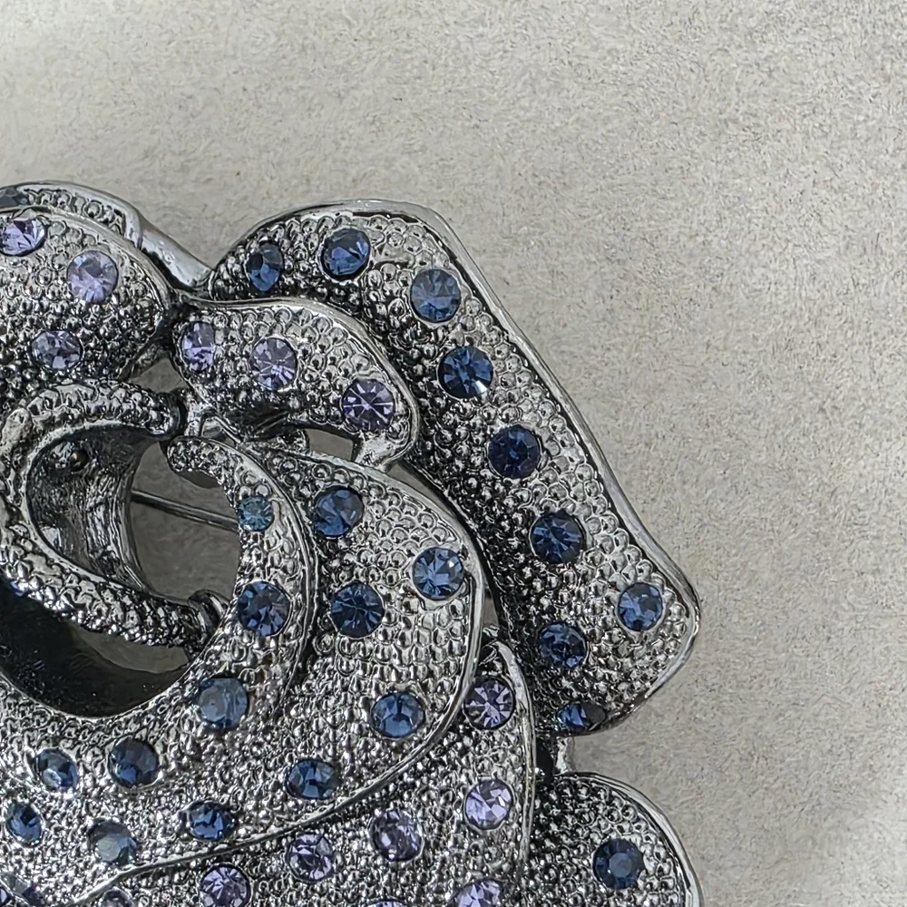 Vintage Oxidized Silver Rose Flower Brooch Pin Purple Blue Rhinestone